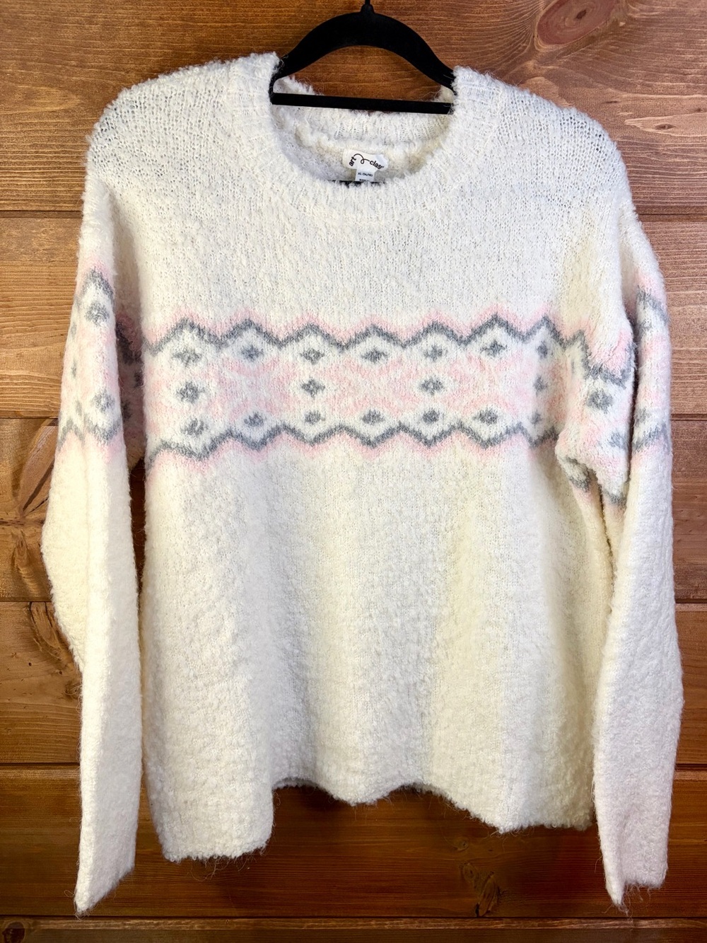 art class Ivory Bouclé Crewneck Sweater with Pink & Gray Fair Isle Size 14/16 🌸